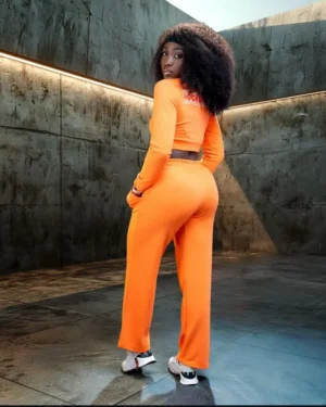 Noir Flux Cropped Crew Neck and Flare Pants Set In Orange.